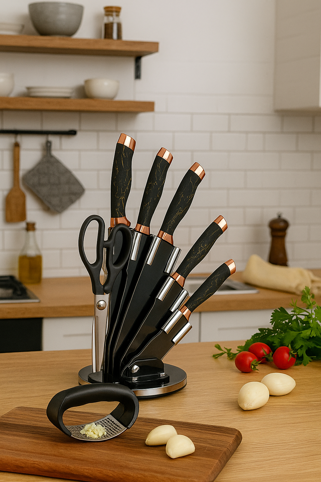 Set cuchillos mármol | 7 piezas | Obsequio triturador de ajo