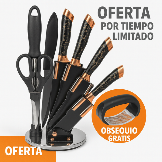 Set cuchillos mármol | 7 piezas | Obsequio triturador de ajo